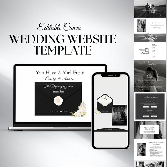 Black and White Wedding Website Template with RSVP BW-002