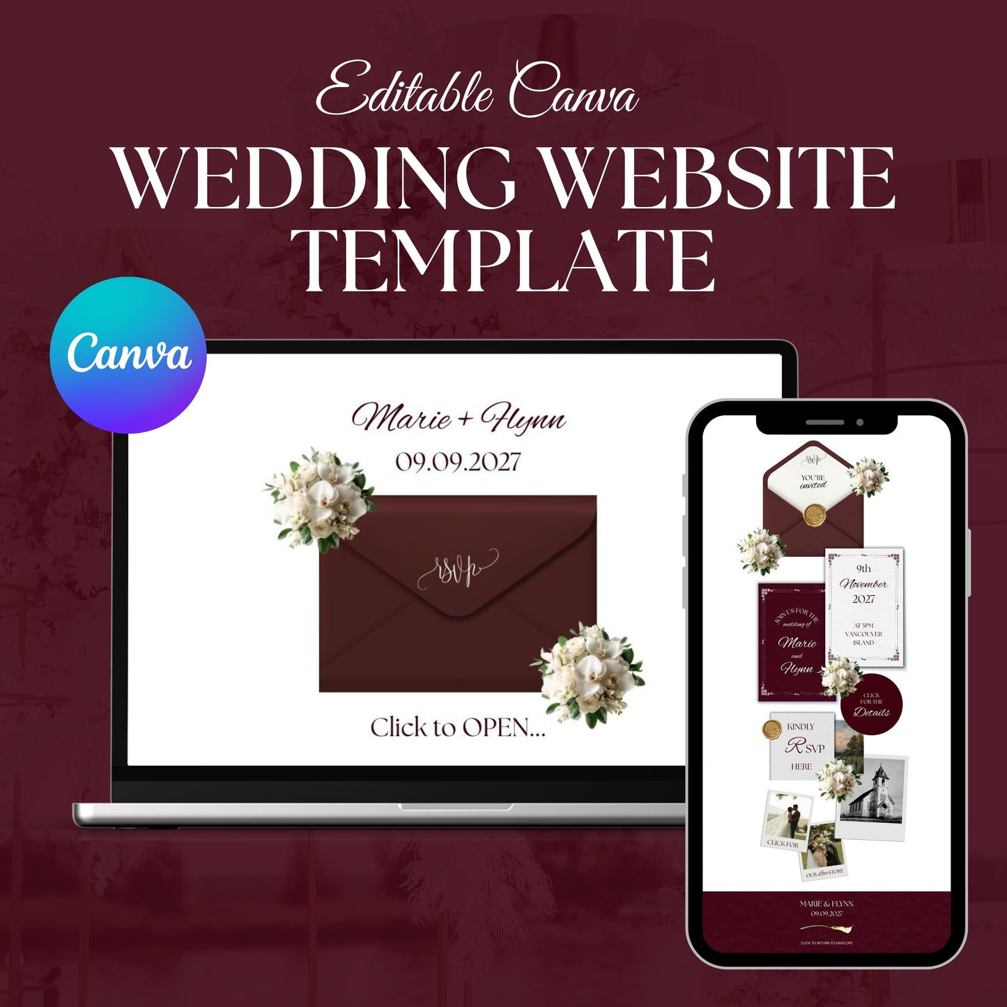 Burgundy Floral Wedding Website Template BURG-001