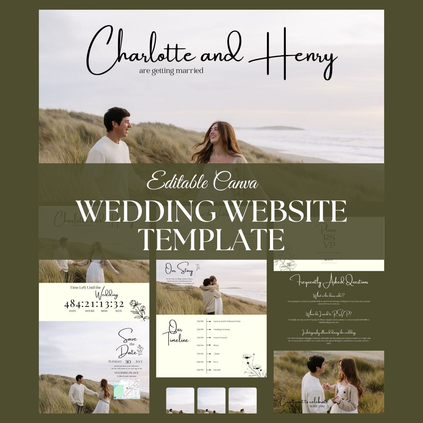 Elegant Olive Green Wedding Website Template with RSVP OLV-012
