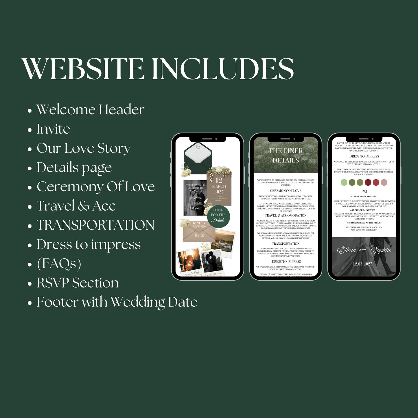 Sage Green Wedding Website Template with RSVP SAGE-003