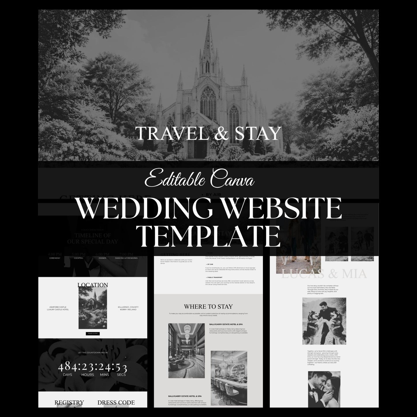 Elegant Black and White Wedding Website Template with RSVP BW-011