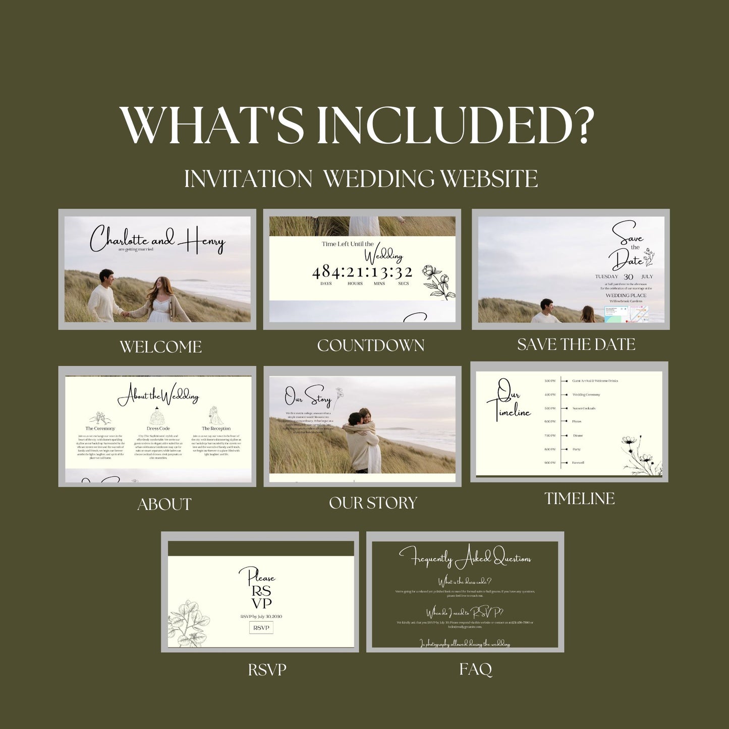 Elegant Olive Green Wedding Website Template with RSVP OLV-012