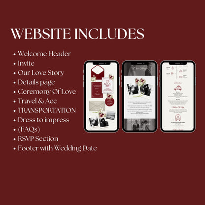 Elegant Burgundy Wedding Website Template with RSVP RED-004