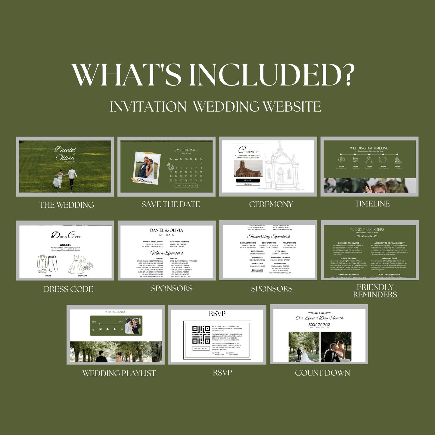 Olive Green Wedding Website Template with RSVP & Timeline OLV-009