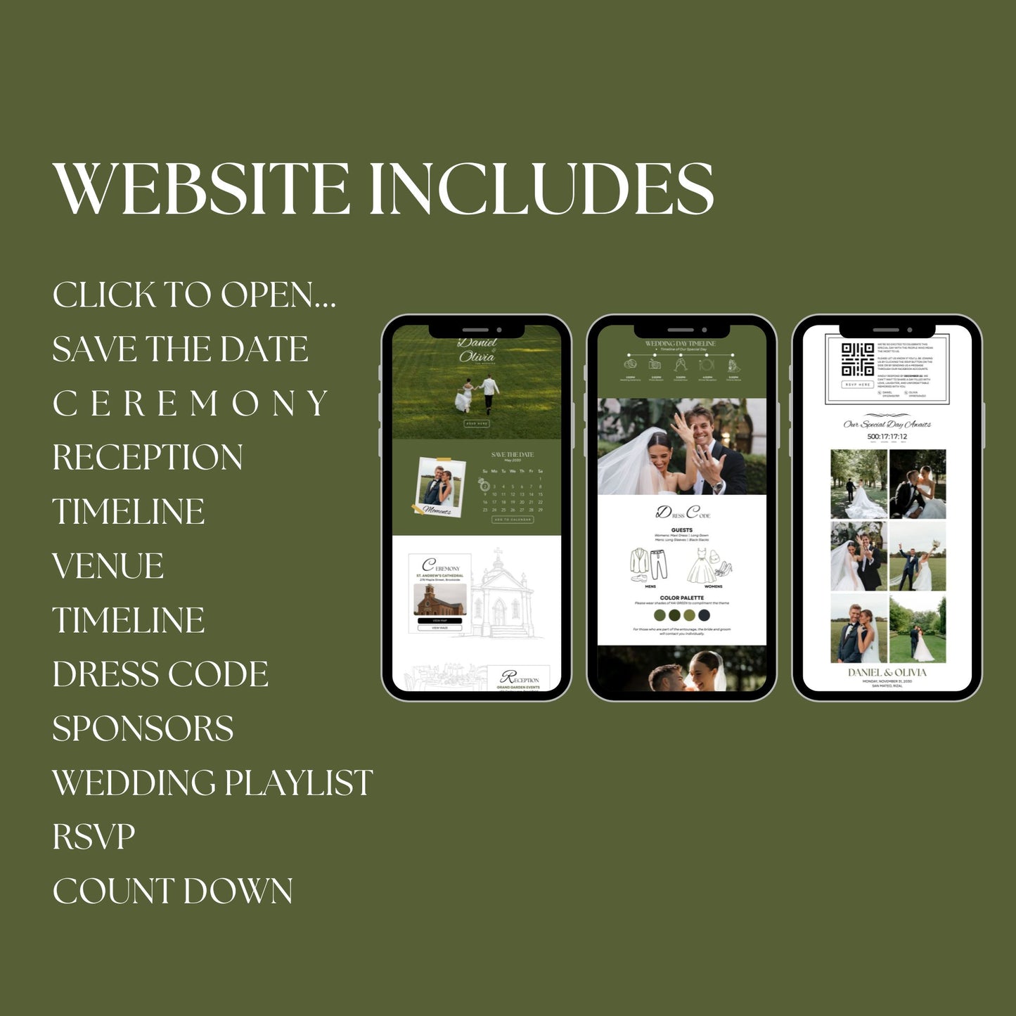 Olive Green Wedding Website Template with RSVP & Timeline OLV-009