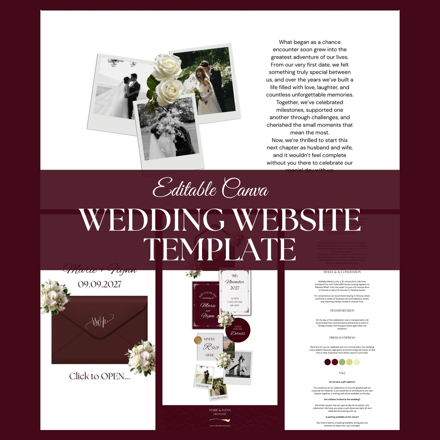 Burgundy Floral Wedding Website Template BURG-001