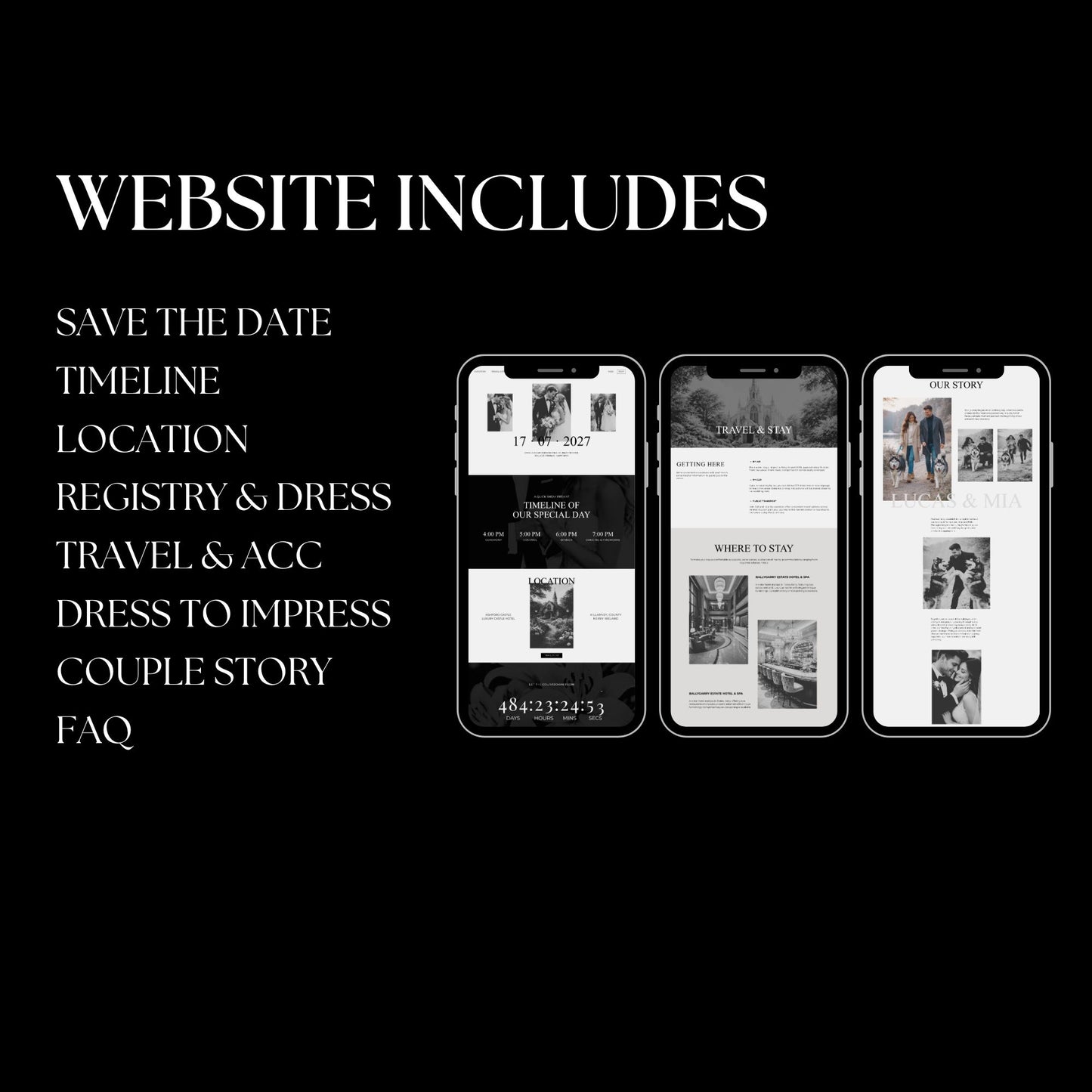 Elegant Black and White Wedding Website Template with RSVP BW-011