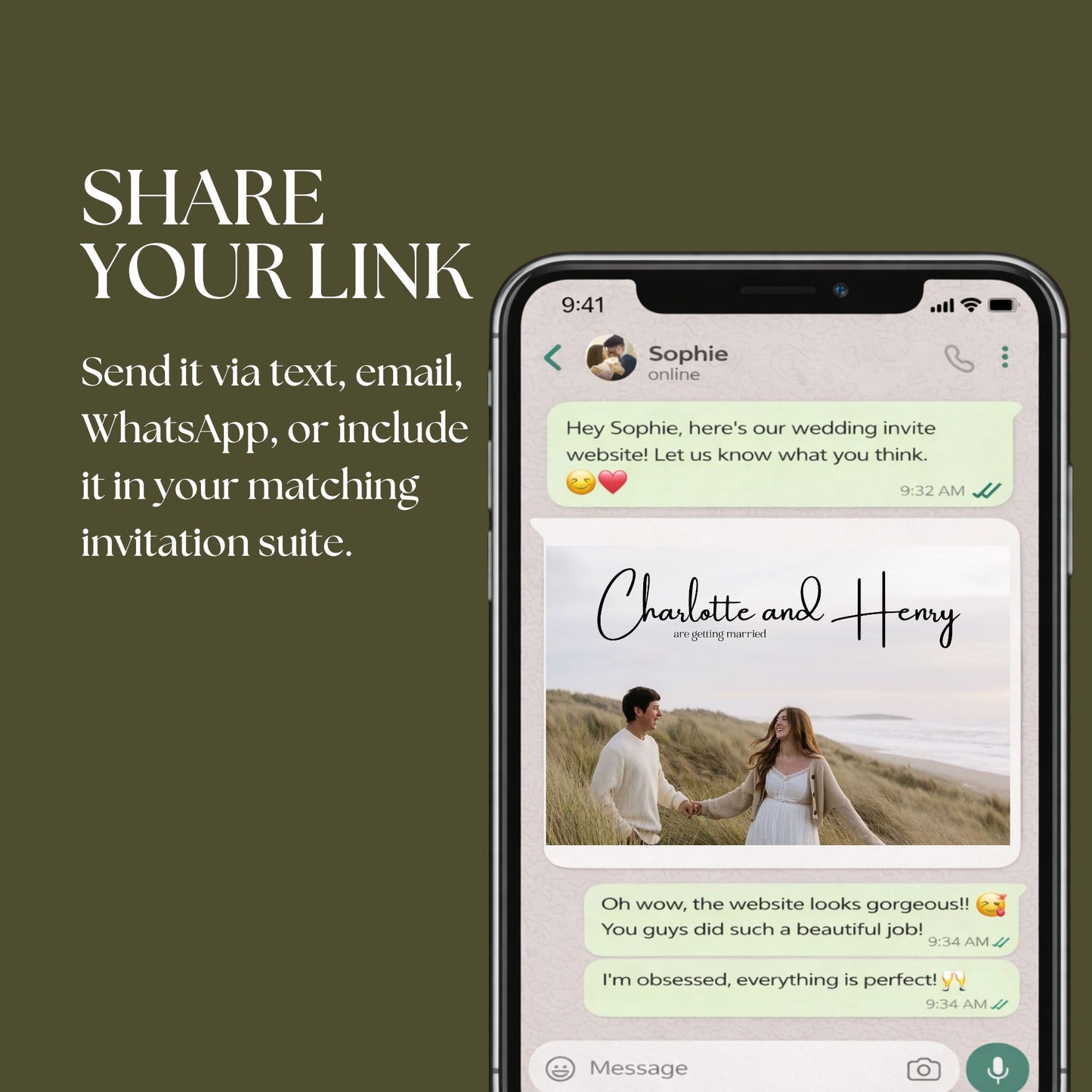Elegant Olive Green Wedding Website Template with RSVP OLV-012