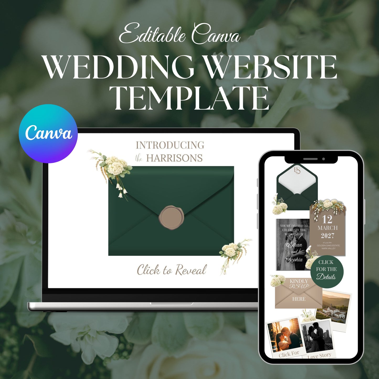 Sage Green Wedding Website Template with RSVP SAGE-003