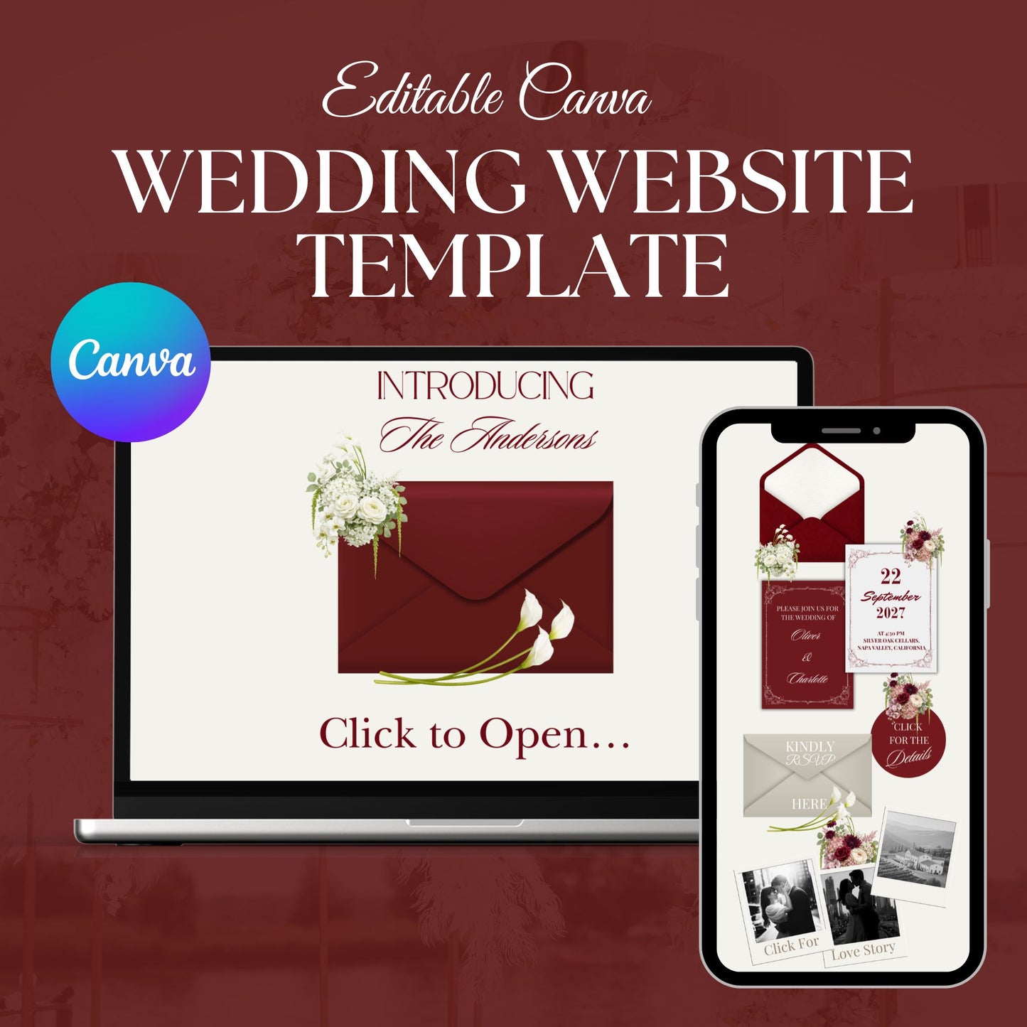 Elegant Burgundy Wedding Website Template with RSVP RED-004