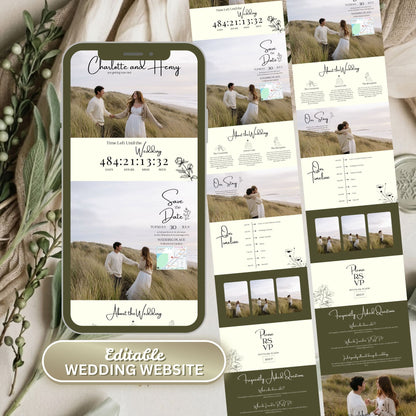 Elegant Olive Green Wedding Website Template with RSVP OLV-012