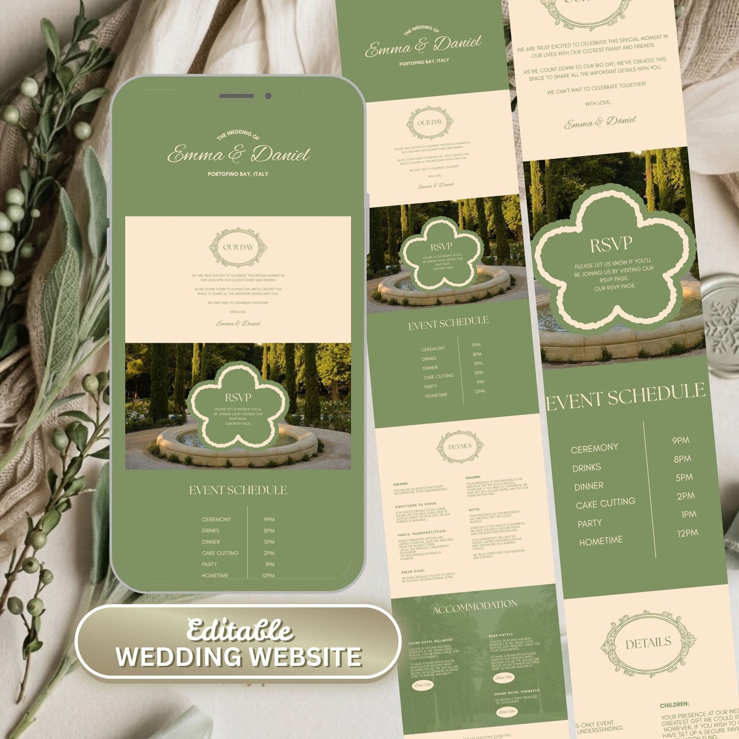 Elegant Sage Green Wedding Website Templates with RSVP ESG-015