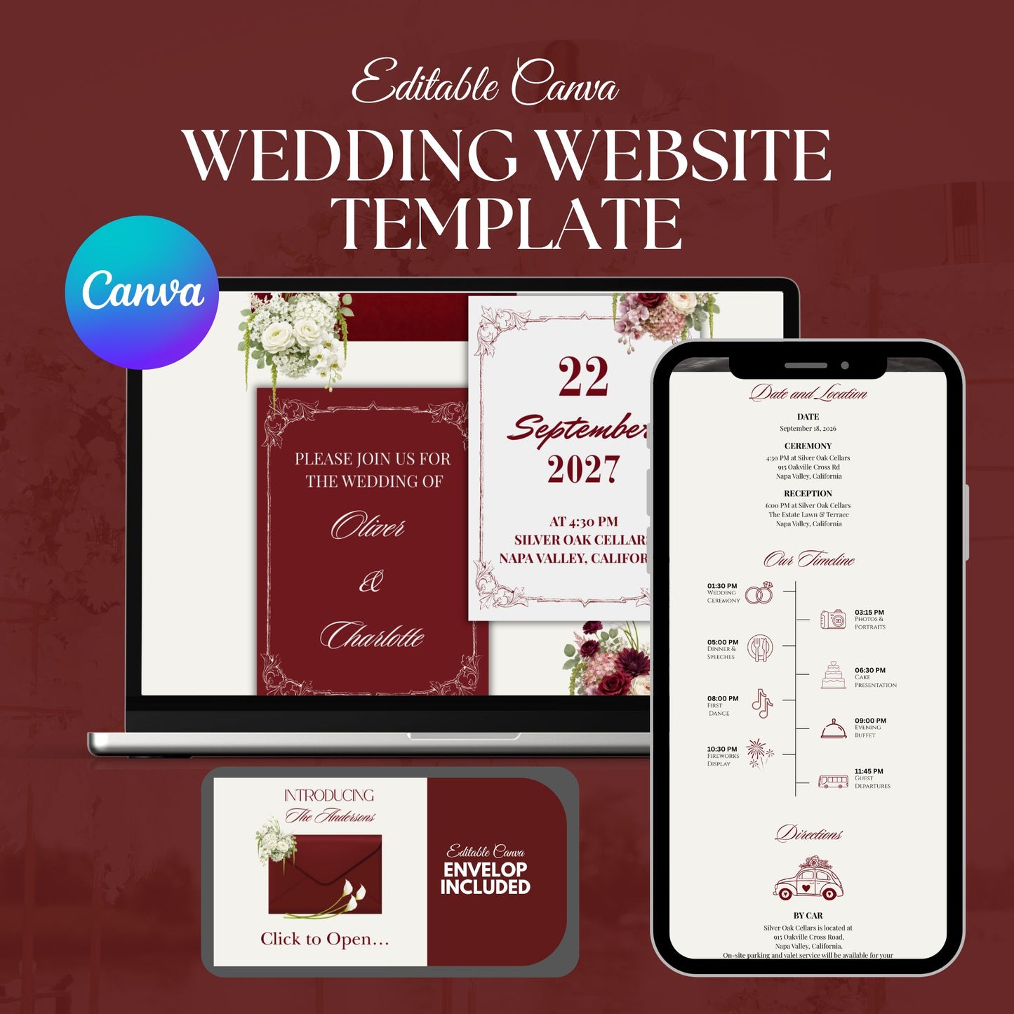Elegant Burgundy Wedding Website Template with RSVP RED-004