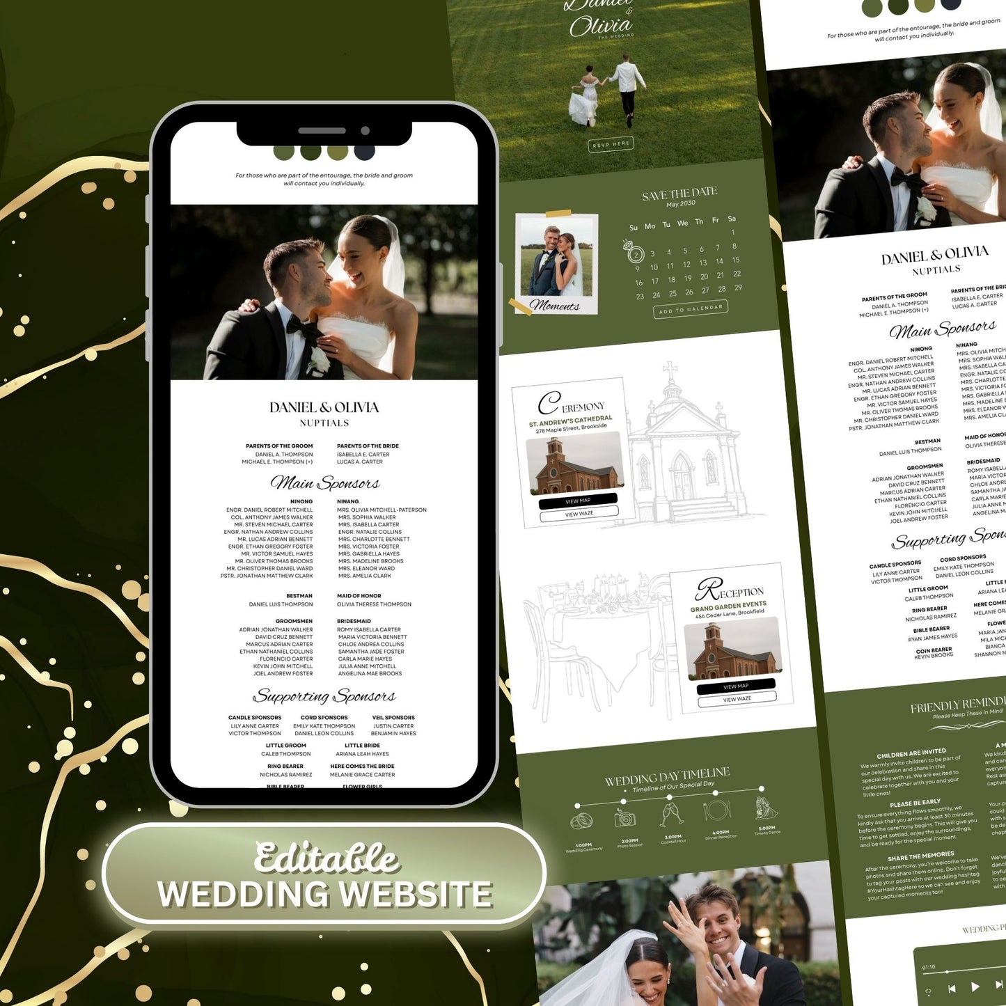 Olive Green Wedding Website Template with RSVP & Timeline OLV-009