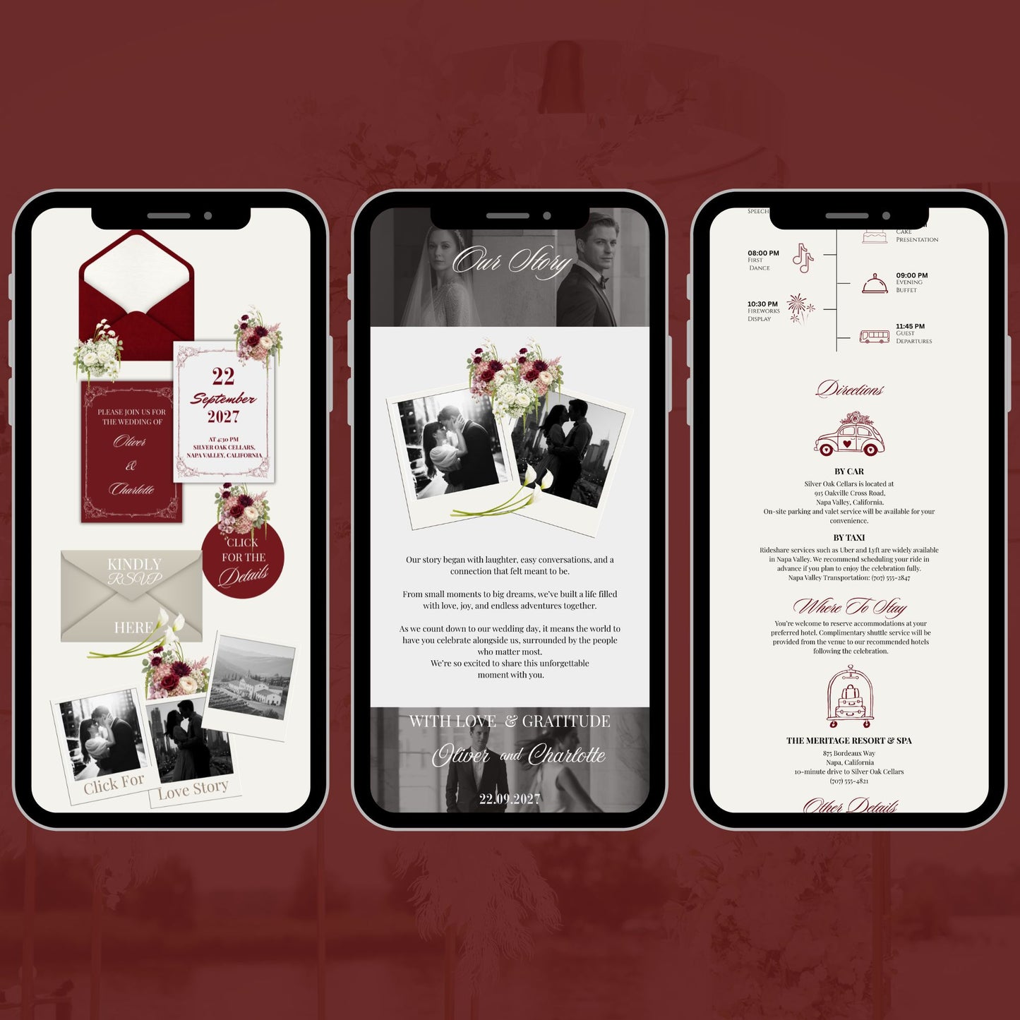 Elegant Burgundy Wedding Website Template with RSVP RED-004