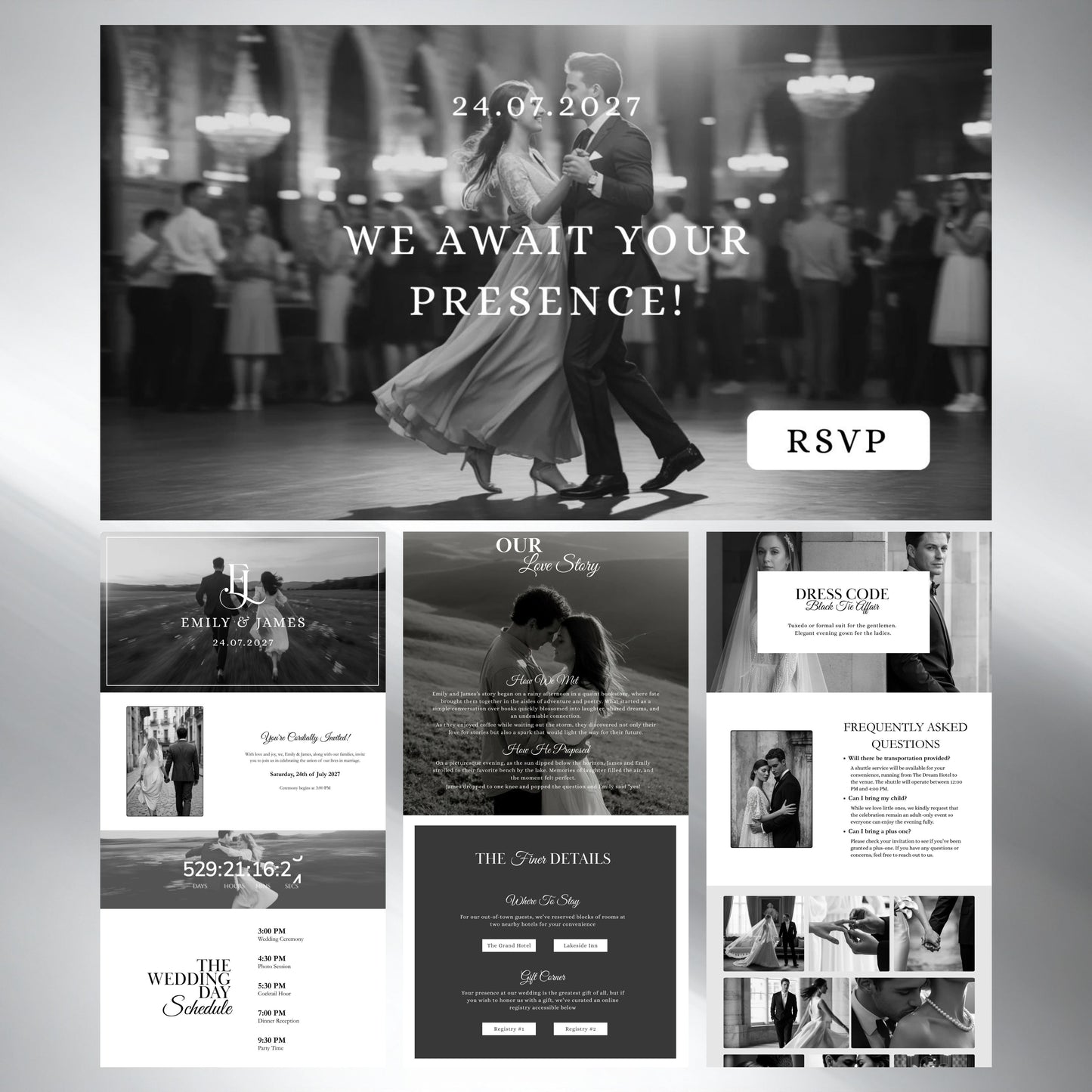 Black and White Wedding Website Template with RSVP BW-002