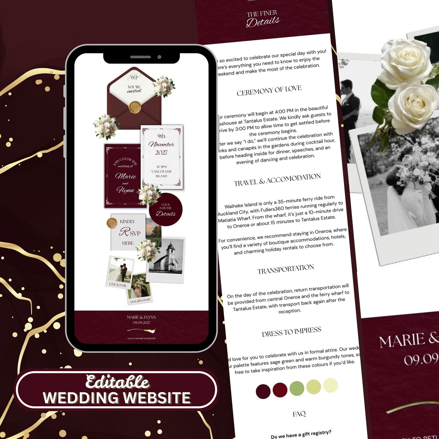 Burgundy Floral Wedding Website Template BURG-001