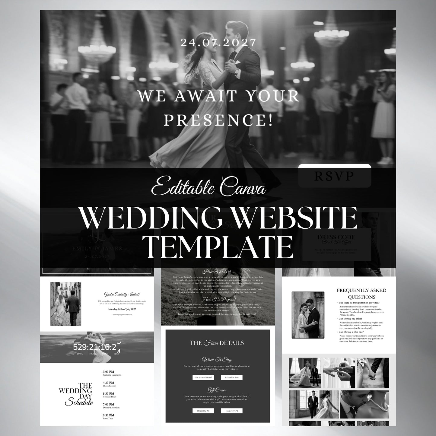 Black and White Wedding Website Template with RSVP BW-002