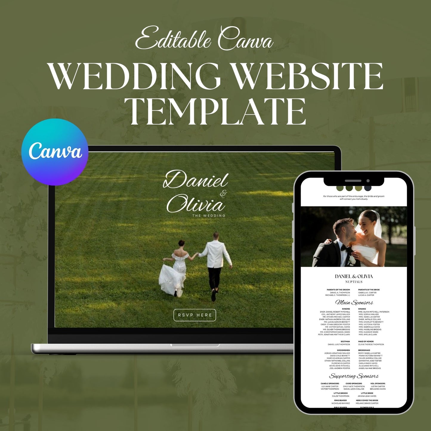 Olive Green Wedding Website Template with RSVP & Timeline OLV-009