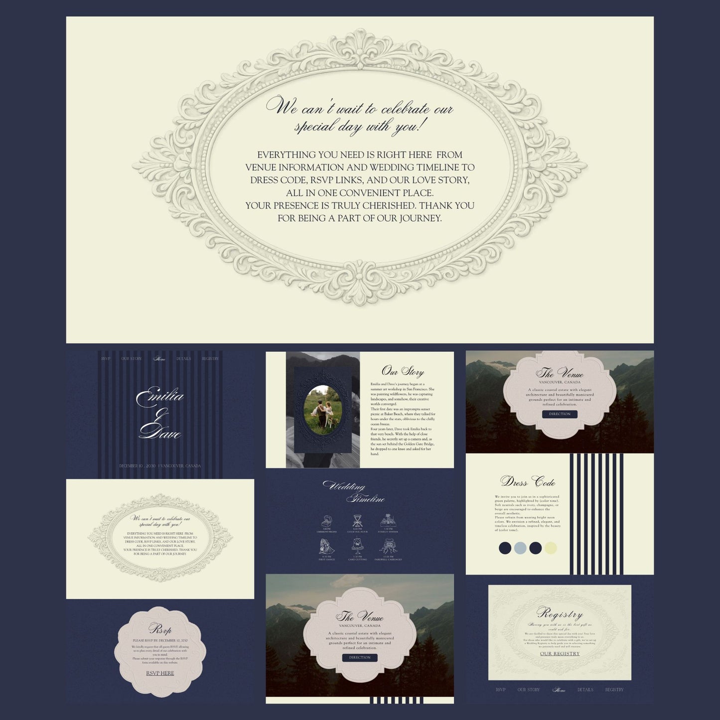 Royal Blue Vintage Wedding Website Template with RSVP RB-007