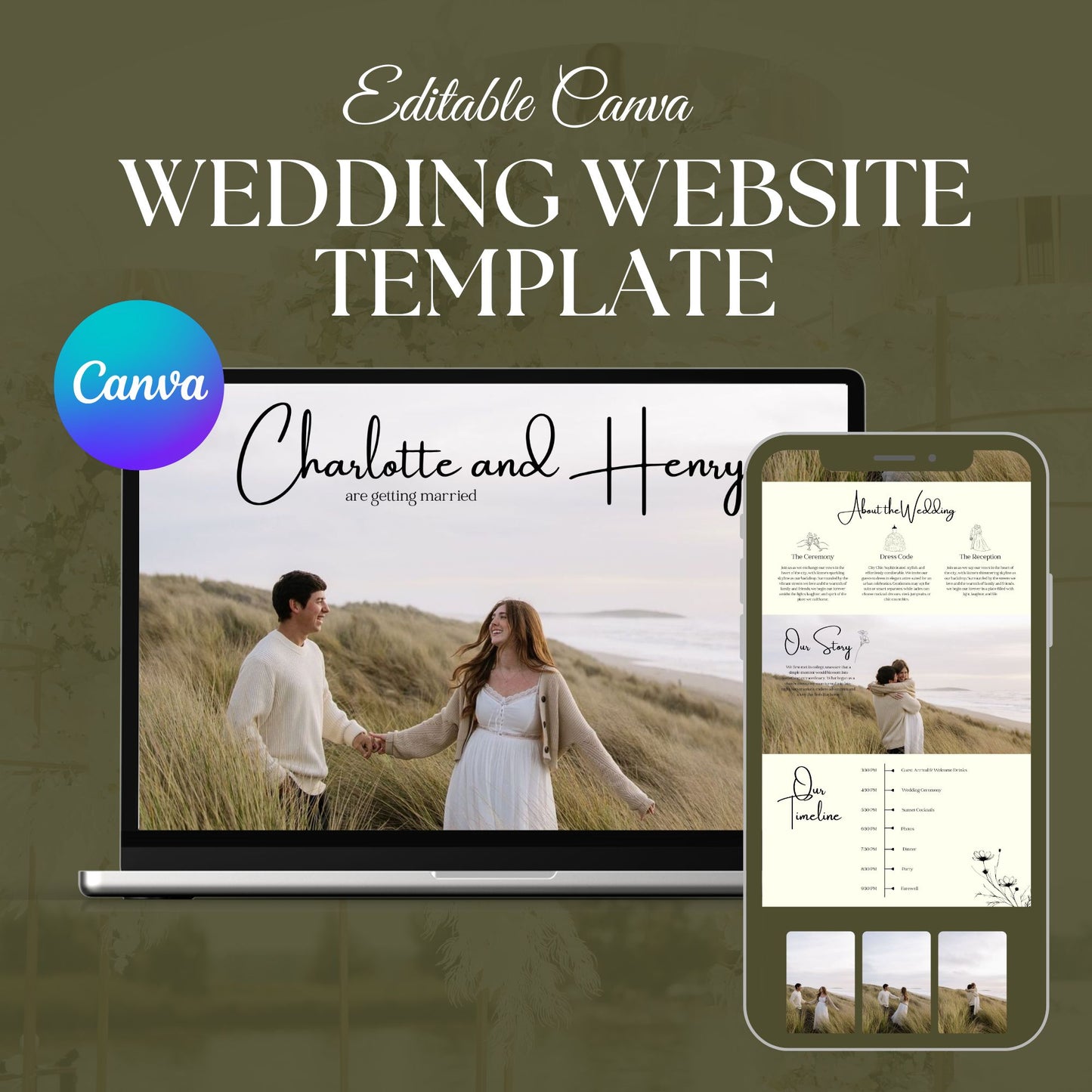 Elegant Olive Green Wedding Website Template with RSVP OLV-012