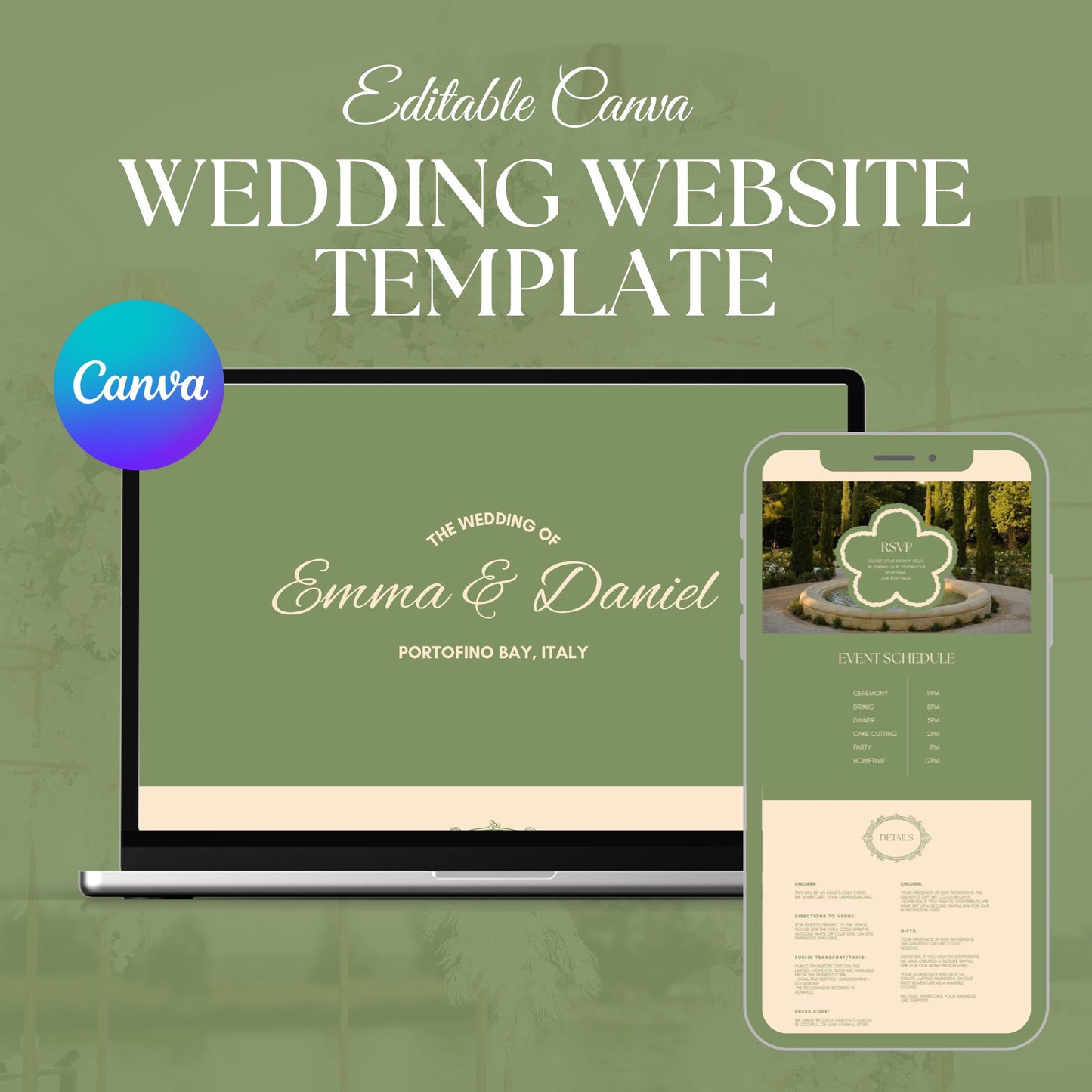 Elegant Sage Green Wedding Website Templates with RSVP ESG-015