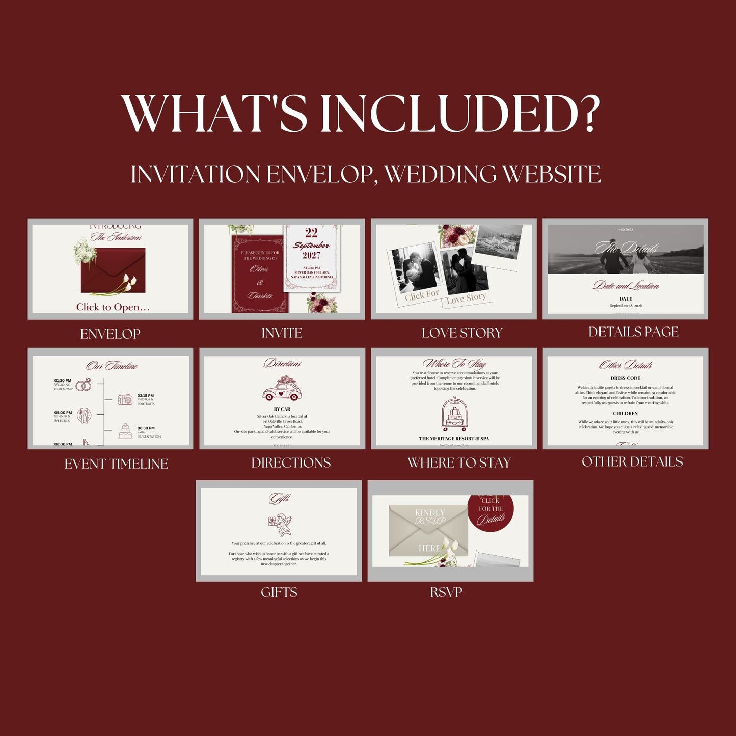 Elegant Burgundy Wedding Website Template with RSVP RED-004