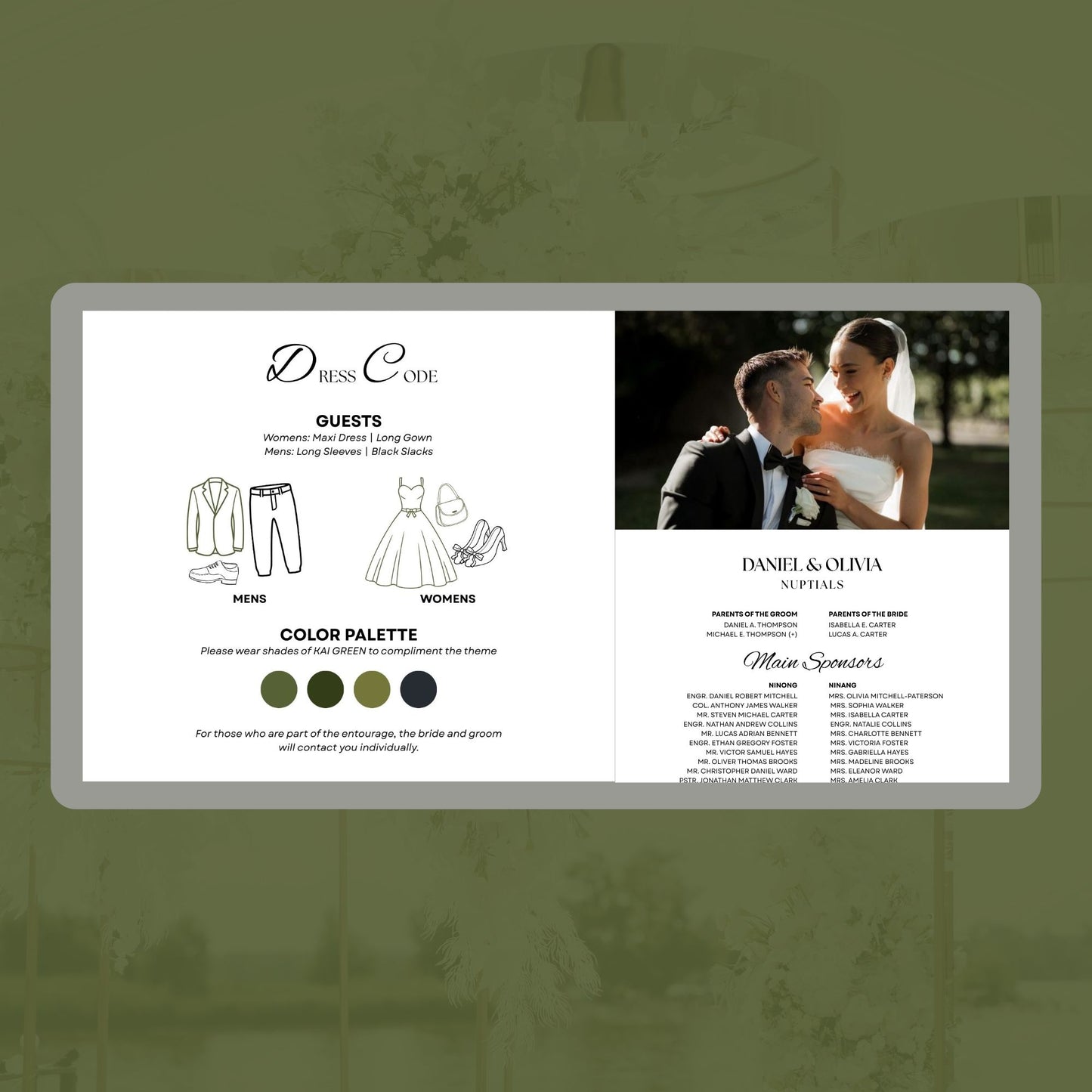 Olive Green Wedding Website Template with RSVP & Timeline OLV-009