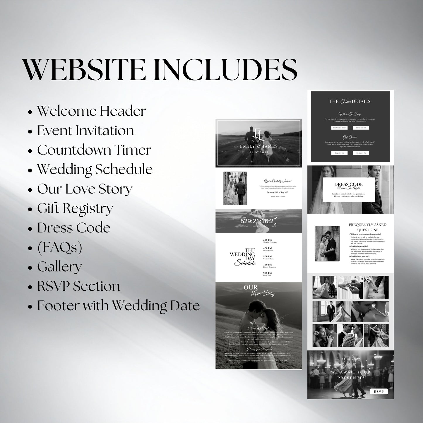 Black and White Wedding Website Template with RSVP BW-002